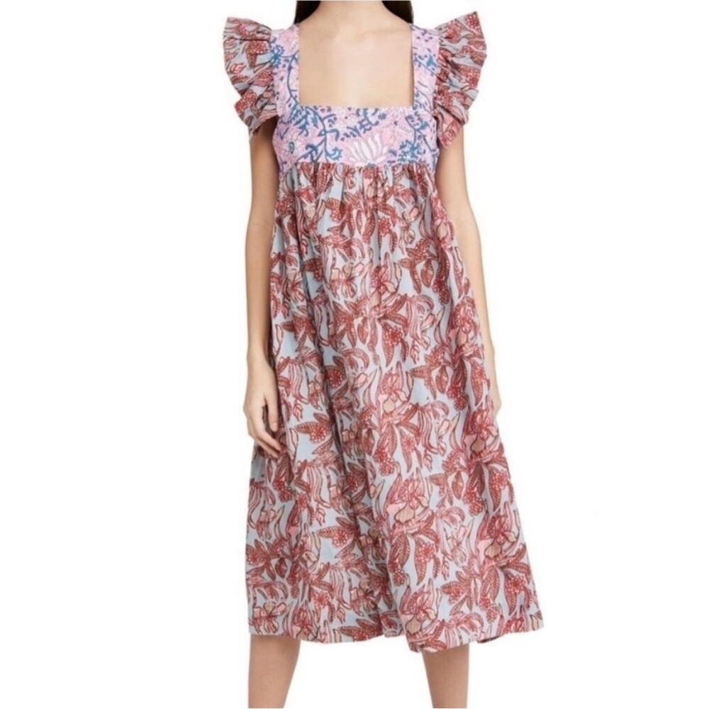Alix of Bohemia Emmaline Patchwork Printed Ruffle Midi Dress Sz Small